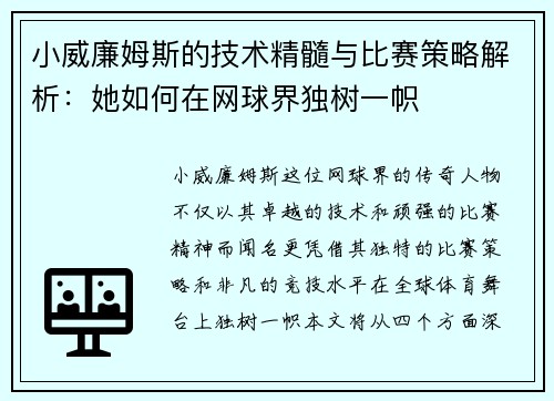小威廉姆斯的技术精髓与比赛策略解析：她如何在网球界独树一帜