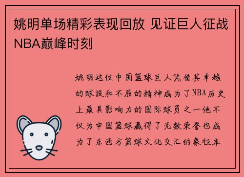 姚明单场精彩表现回放 见证巨人征战NBA巅峰时刻